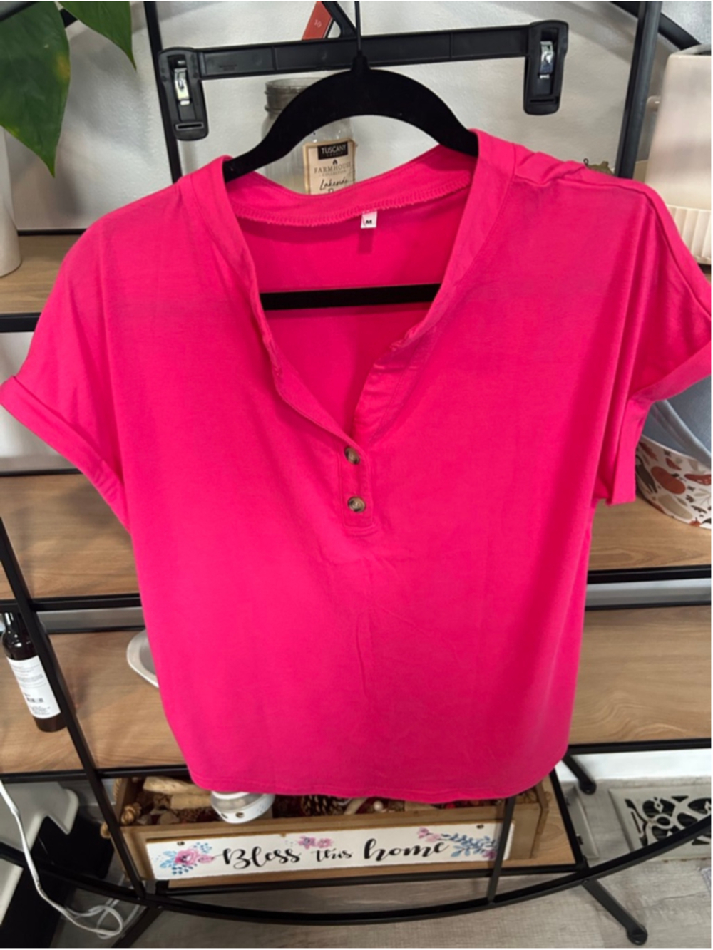 Women's Unbranded Hot Pink Short Sleeve Henley Top M
